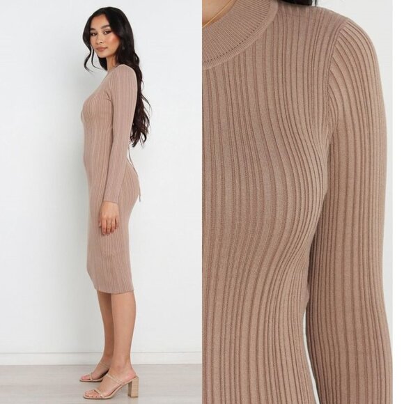 Petal & Pup NEW Milleri Long Sleeve Open Back Ribbed Dress in Camel Tan Size 6 - Picture 3 of 12